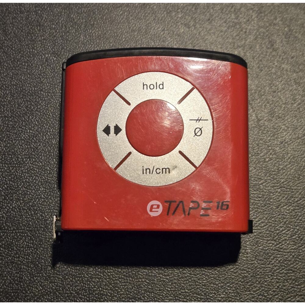 eTAPE16 Digital Tape Measure 16ft Red Handheld LCD In/cm Hold Memory Belt Clip